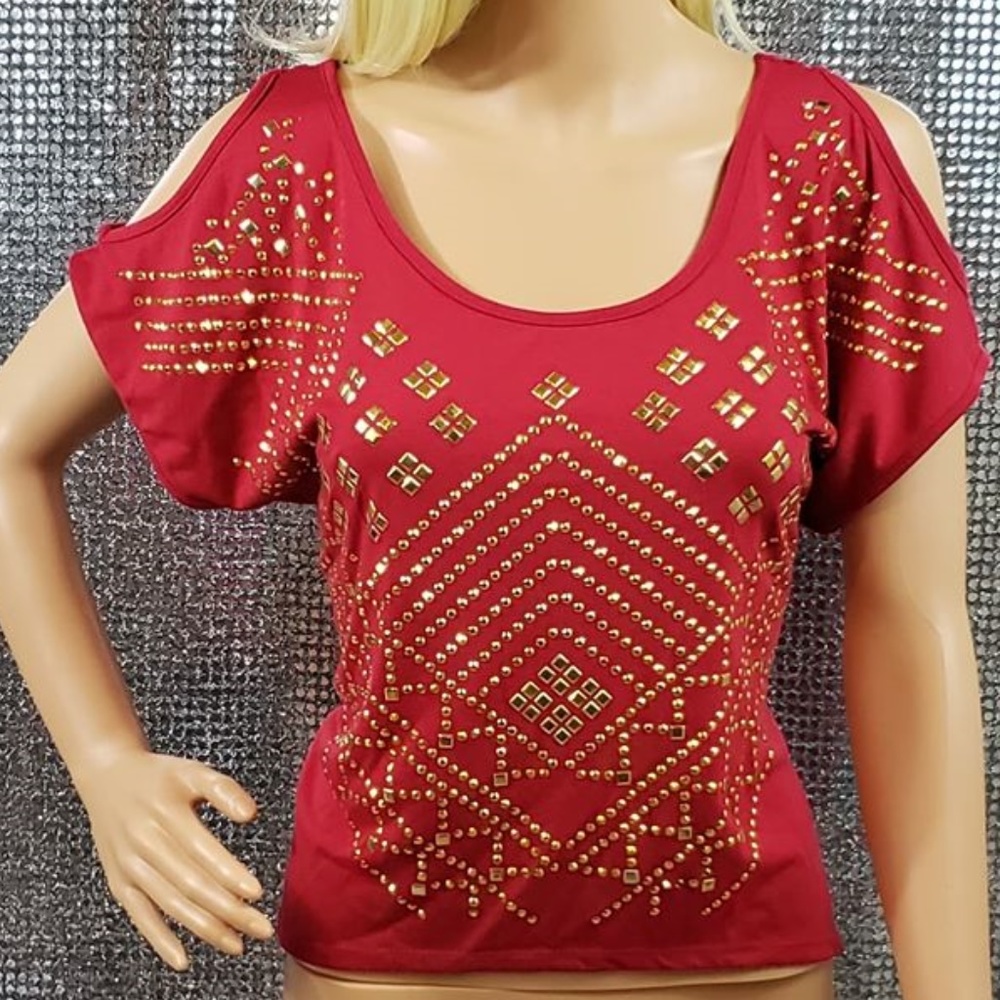 Red+Gold Studded Cutout Back Top Valentine's